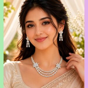 Women Gold-Plated American Diamond Necklace Set with Earrings | Floral Crystal Choker Necklace for Women & Girls | Wedding & Party Wear Artificial Jewellery Set