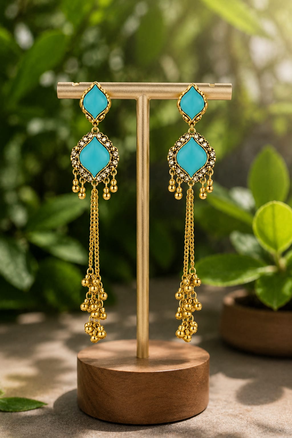 Gold Plated Blue Stone Long Tassel Dangler Earrings for Women | Traditional Ethnic Party Wear Jewellery - Image 2