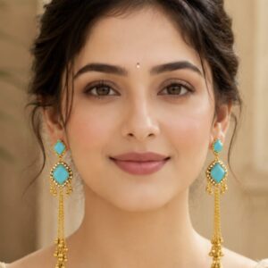 Gold Plated Blue Stone Long Tassel Dangler Earrings for Women | Traditional Ethnic Party Wear Jewellery