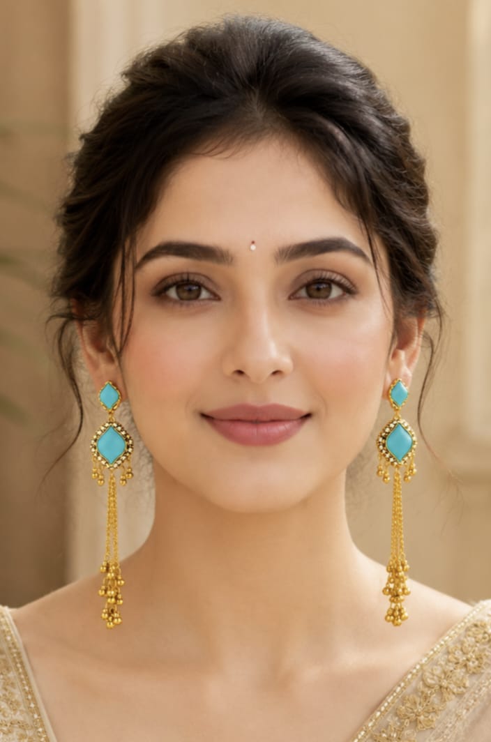 Gold Plated Blue Stone Long Tassel Dangler Earrings for Women | Traditional Ethnic Party Wear Jewellery