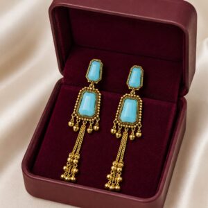 Gold Plated Sky Blue Stone Long Tassel Dangler Earrings for Women | Ethnic Party Wear Jewellery
