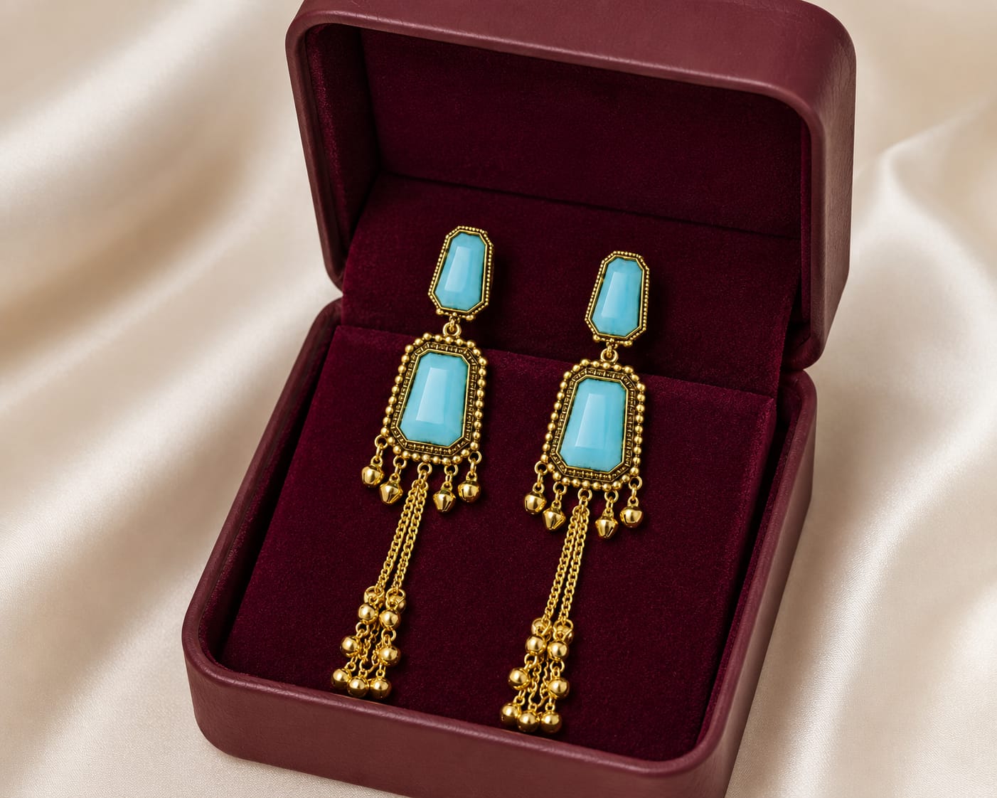 Gold Plated Sky Blue Stone Long Tassel Dangler Earrings for Women | Ethnic Party Wear Jewellery