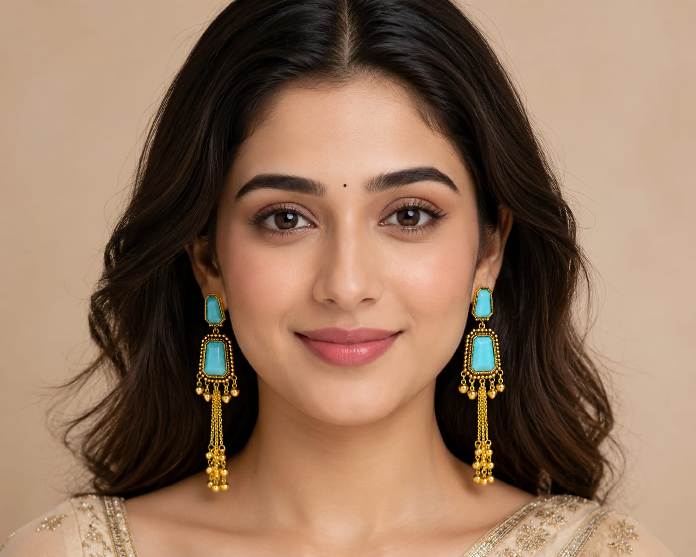 Gold Plated Sky Blue Stone Long Tassel Dangler Earrings for Women | Ethnic Party Wear Jewellery - Image 2