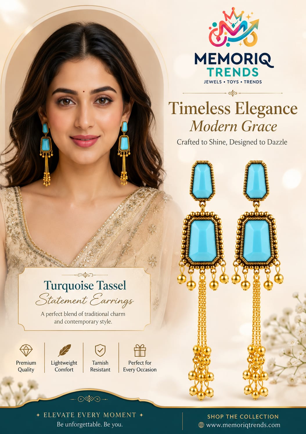 Gold Plated Sky Blue Stone Long Tassel Dangler Earrings for Women | Ethnic Party Wear Jewellery - Image 3